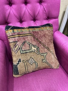 Funda de almohada alfombra vintage 16x16, funda de cojín turca hecha a mano, almohada decoración del hogar - Imagen 1 de 10