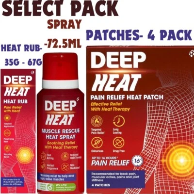 Deep Heat Pain Relief Patches Muscle Rescue Heat Spray & Heat Rub Fast Acting