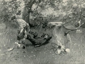 WET BOOTS 1902 Hy S Watson art halftone print fishing sporting outdoors campfire - Foto 1 di 2