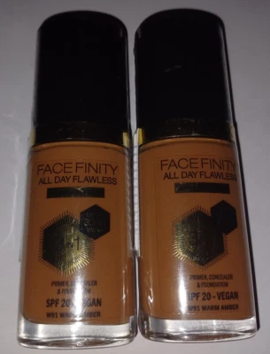 x2 Max Factor Face Finity All Day Flawless 3 In 1 Foundation 30ml W91 Warm Amber - Image 1 of 2