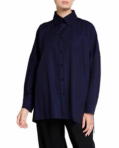 NWT Eskandar Size (1) NAVY SELF STRIPE Cotton 30" Long Classic Collar Shirt  - Picture 1 of 4