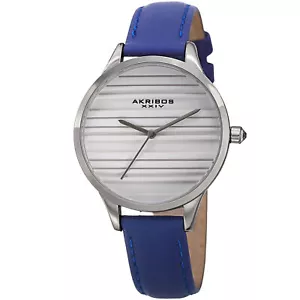 Womens's Akribos XXIV Ak1005BU Quartz Striated Silver & Blue Leather Slim Watch - Picture 1 of 1