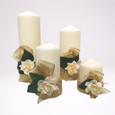 COPPIA CANDELE NATALIZIE CENTROTAVOLA FIOCCO ORO FIORE MOCCOLO BIANCA NATALE