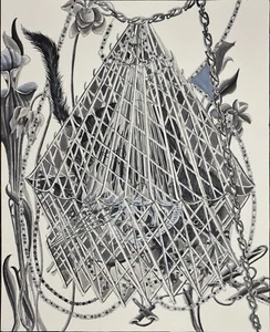 Ink Drawing Abstract Surreal Gray Tone Basket Trap Rainforest Plants 14 x 18 - Picture 1 of 2