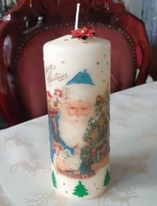 Decoupage Hand Decorated Christmas Pillar Candle Gift - Picture 1 of 1