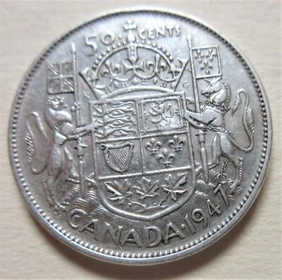 1947 C-7 Canada SILVER Half Dollar Fifty Cents Coin BETTER GRADE 50 Cents 50c - Image 1 of 2