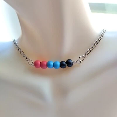 Collar colgante de cuentas de madera multicolor rústico cadena de acero inoxidable hecho a mano Foto 1 de 4