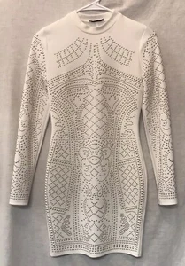 Fashion Nova Long Sleeve Pullover White Bodycon Mini Dress Gold Stud Design- S - Picture 1 of 13