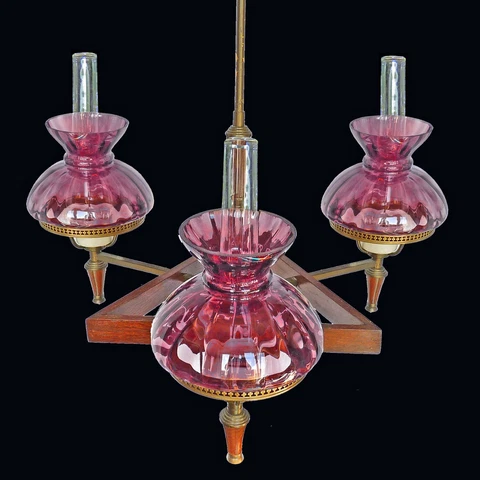 Antique French Art-Deco Purple Amethyst Glass Shades / Wood and Brass Chandelier Cover