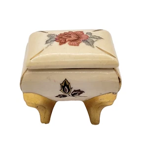Miniature Porcelain Floral Gold Trimmed Footed Lidded Trinket Pill Box - Picture 1 of 18