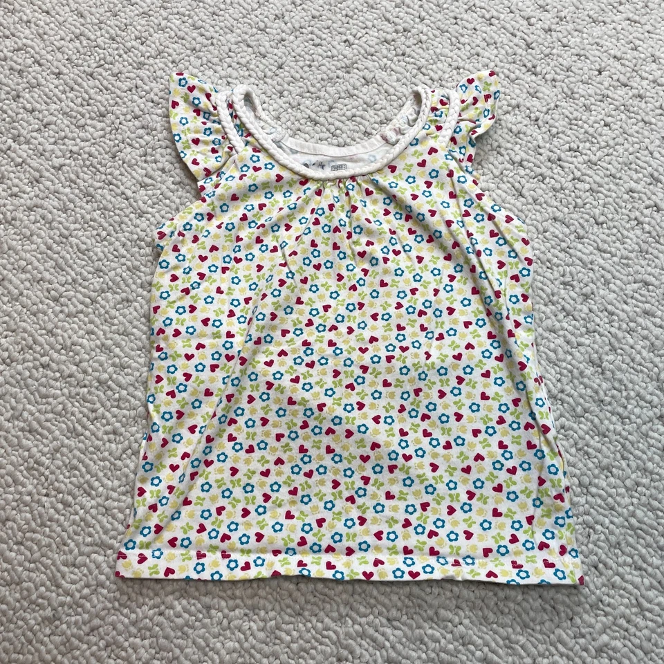 Faded Glory Shirt Girls 6 Flutter Cap Sleeve Cotton White with Colorful Hearts - Image 1 of 4