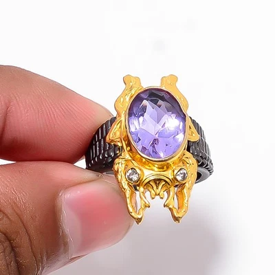 Anillo Rana Plata Esterlina 925 Topacio Blanco Alejandrita Cambio de Color S.7.5 R4 Foto 1 de 4