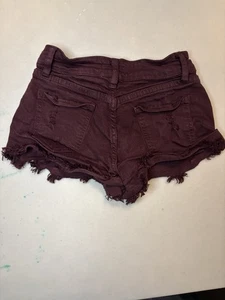 Angel Kiss Denim Jean Shorts Size 00 Burgundy Frayed Hem Mid Rise Distressed - Picture 1 of 2
