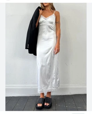 Belle Verne Notte Dress Small White Vintage Satin Lace Trim Slip On Midi  - Image 1 of 4