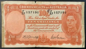 1943 AUSTRALIA PAPER MONEY - 10 SHILLINGS SHORT SNORTER BANKNOTE! - Picture 1 of 2