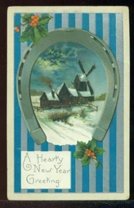 A HEARTY NEW YEAR GREETING Horseshoe frames Windmill Scene Vintage Postcard - Picture 1 of 1