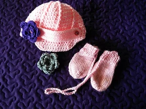 New Infant Crocheted Hat - Pink with Flower + Mittens - 6-12 Months - Picture 1 of 1
