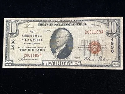 1929 $10 FIRST NATIONAL BANK  MEADVILLE PENNSYLVANIA NATIONAL CURRENCY CH #4938 - Image 1 of 4