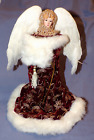 Porcelain Angel Doll Figurine Feather Wings Floral Faux Fur Dress Lace Headpiece