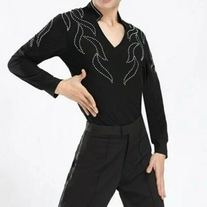 Men Latin Salsa Dance Skating Clothes Costume Long Sleeve Stretch Top Shirt Sexy - Picture 1 of 9