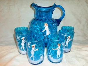 Antique Mary Gregory Blue Glass Inverted Coinspot Water Set, Pitcher-6 Tumblers  - Picture 1 of 9
