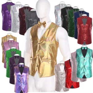 Mens Waistcoat Slim Fit Costume Christmas Vest Pointed 70s Halloween V-Neck Tie - Picture 1 of 188