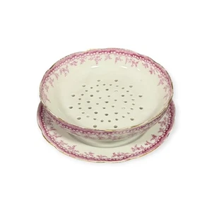 Antique Victorian Watercress Dish & Underplate Pink Transferware Drainer - Picture 1 of 8