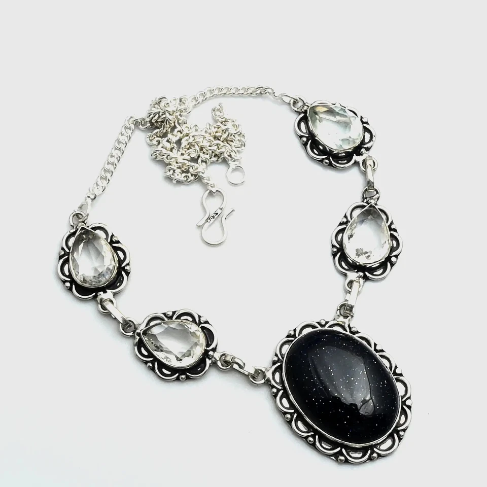 Collar Hecho a Mano Piedra Solar Azul Topacio Blanco Piedras Preciosas Joyería 26 Gms AN 15058 Foto 1 de 1