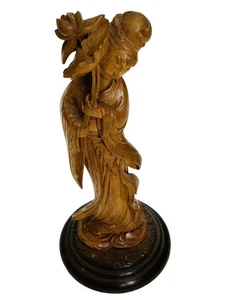 Antique Vintage  He Xiangu Carved Wood Statue Figure Eight Immortals Personage - Picture 1 of 8