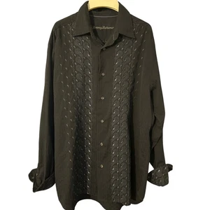 Tommy Bahama 100% Silk MensLong Sleeve Embroidered Shirt Flip Cuff Black/Blue L - Picture 1 of 7