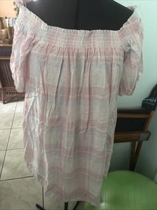 Off-Shoulder Smocked Pink Striped Dress - Picture 1 of 3