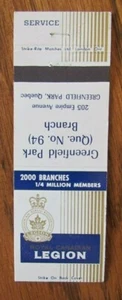 FUNDA FRATERNAL MATCHBOOK: LEGIÓN REAL CANADIENSE (GREENFIELD PARK, QUEBEC) -G9 - Imagen 1 de 1