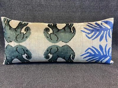 Ikat Elephant Pillow, Silk Lumbar Cushion Cover, Animal Velvet Pillows, 16X36 - Image 1 of 4