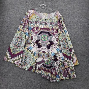 One World Top Womens 2X White Asymmetrical Blouse Studded Stretch Hippie Boho - Picture 1 of 11