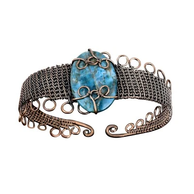 Brazalete de cobre ovalado de neón apatita piedras preciosas envoltura de alambre madre cumpleaños boho Foto 1 de 4