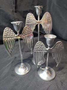 Set Of 3 Silver Metal Angle Wings Candle Holders - Picture 1 of 15