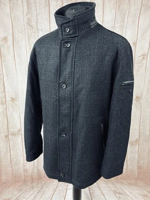 Mens Wool Cashmere Overcoat Pea Coat ITALY Charcoal Black Check Plaid 38” 40” M - Image 1 of 4