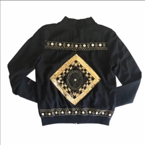 NEU DOLLS KILL MISSGUIDED Gold Pailletten Emblem Schwarz Reißverschluss Bomberjacke Mantel 4 - Bild 1 von 8