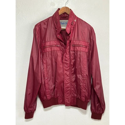 VTG 70s 80s Trader Bay Bomber Windbreaker Shiny Jacket L Tall Burgundy Utility  - Image 1 of 4