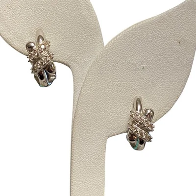 Vintage Solid 14K 585 White Gold Diamond Cluster Omega Back Earrings Old Money - Image 1 of 4
