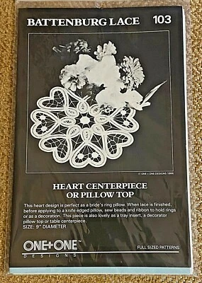 Vintage One+One BATTENBURG LACE PATTERN Centerpiece Pillow Top HEART - Image 1 of 3