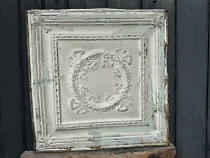 C.1885 Tin Ceiling Panel Bay Leaf WREATH & Fleur De Lis 24x24" Shabby, Holidays - Picture 1 of 8
