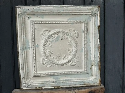 C.1885 Tin Ceiling Panel Bay Leaf WREATH & Fleur De Lis 24x24" Shabby, Holidays - Image 1 of 4