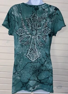 T-shirt biker AFFLICTION taglia MEDIA verde acqua marmorizzata croce metallizzata ottime condizioni - Foto 1 di 8