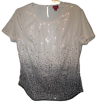 Blusa para mujer Merona negra marfil geométrica cuello redondo manga gorra lentejuelas talla S Foto 1 de 4