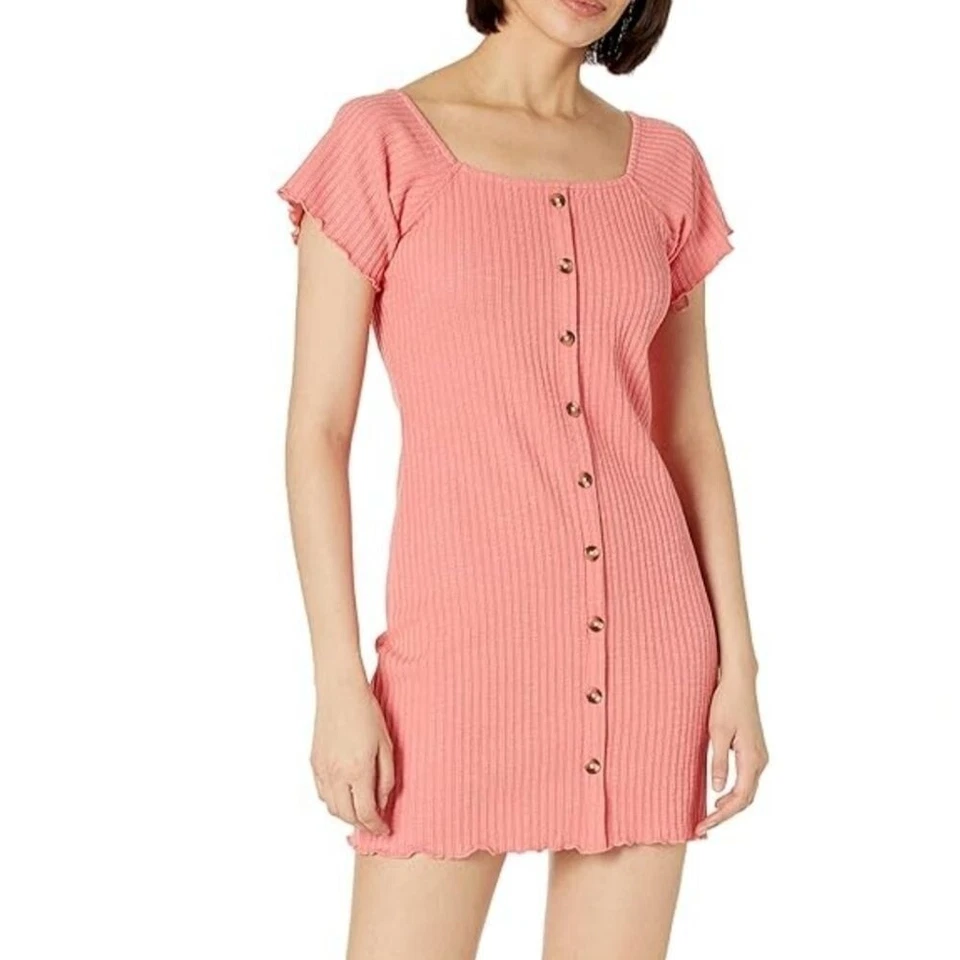 Roxy Dress Women's Medium Peach Sandy Hills Button Front Bodycon Mini