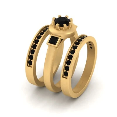 Princess and Round 1.20cttw Black Onyx Wedding Ring Set 3 Stone Promise Ring Set - Изображение 1 из 4
