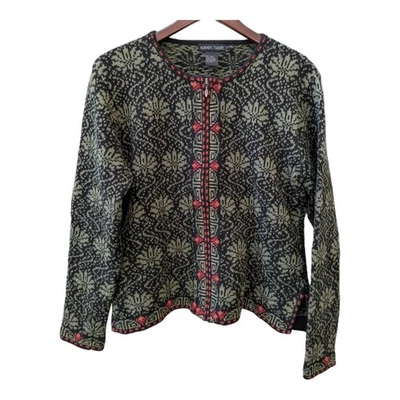 Nomadic Traders zip Nordic cardigan sweater size medium black green Fair Isle - Image 1 of 4