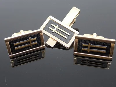 Juego de gemelos y clips de corbata vintage Swank tono dorado esmalte negro emblema de doble barra Foto 1 de 4