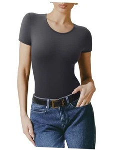 Double Lined Basic Bodysuits Short Sleeve Body Suits Trendy Summer Outfits - Picture 1 of 6